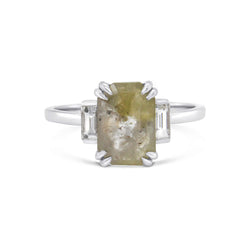 Emerald cut yellow salt & pepper diamond 18ct white gold ring