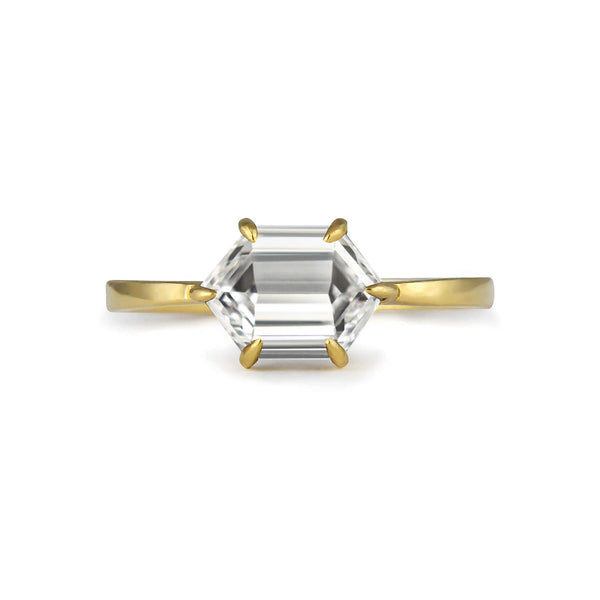 Hexagon step cut white diamond minimal 18ct yellow gold ring