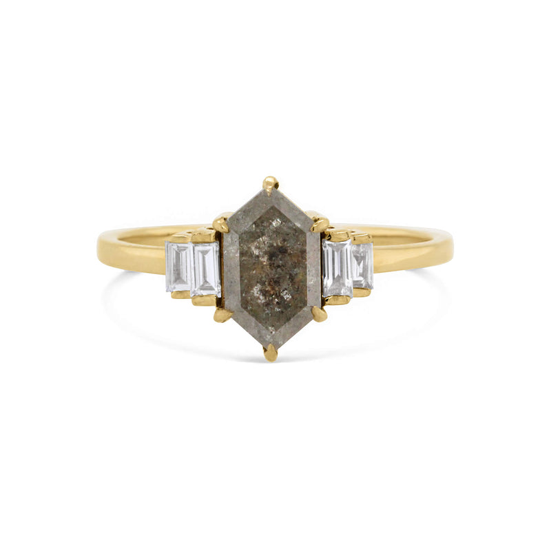 Hexagonal grey diamond art deco 18ct yellow gold ring