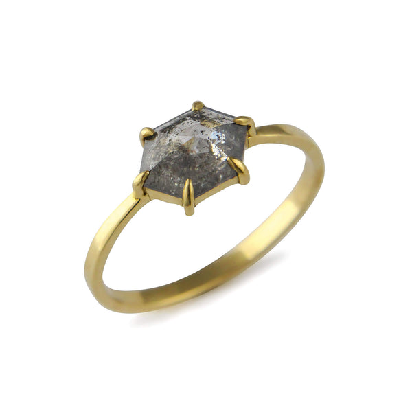 Hexagon grey diamond 18ct gold ring