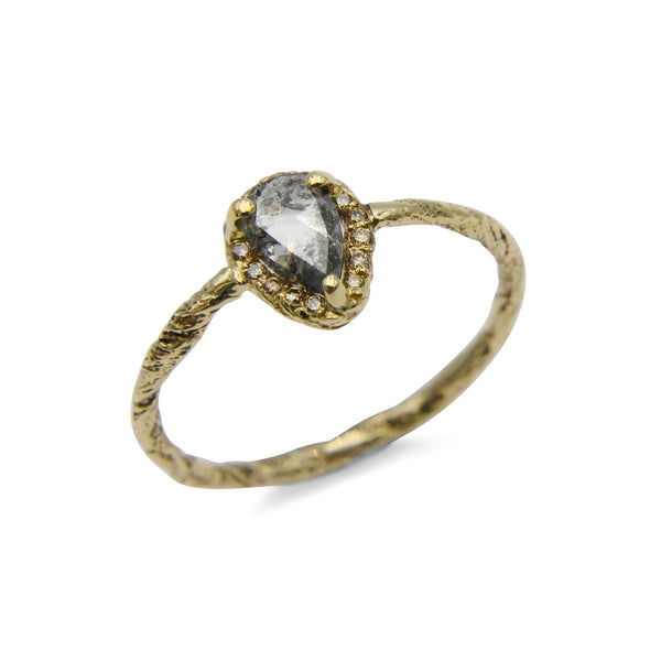 Pear cut grey diamond texture ring in 9ct gold