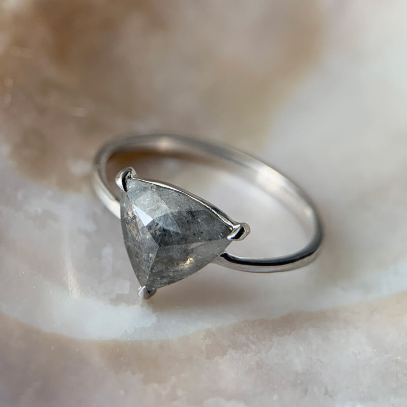 Minimalist trillion cut grey diamond 18ct white gold ring
