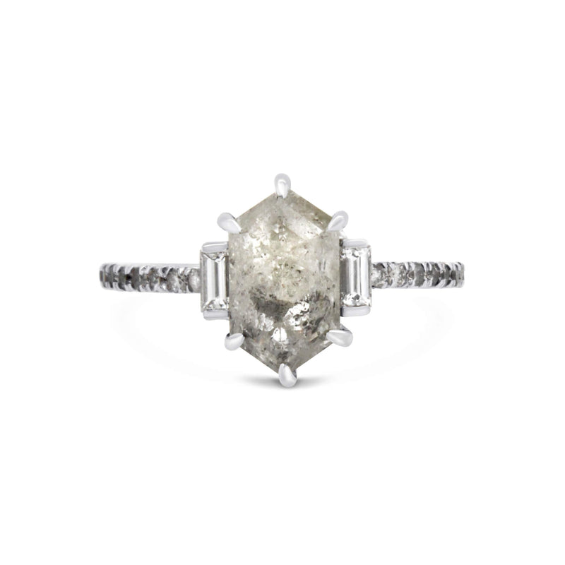 Hexagonal salt & pepper diamond 18ct white gold ring
