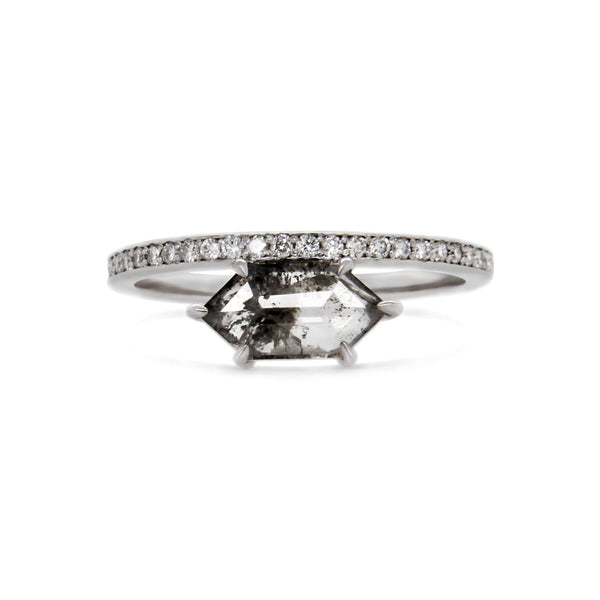 Hexagonal salt & pepper diamond and white diamonds 18ct white gold ring